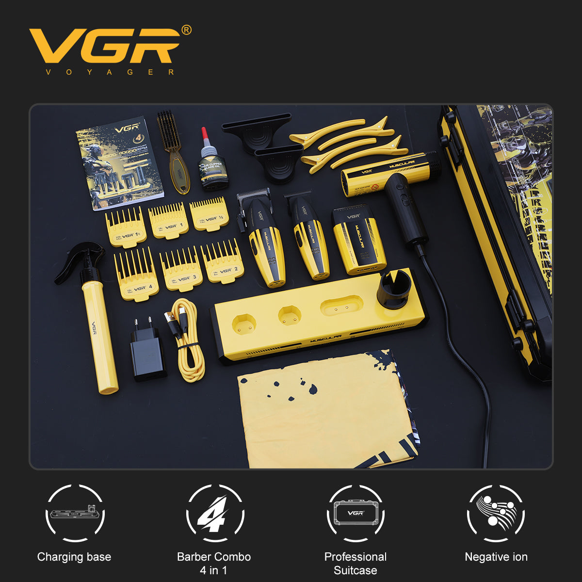 VGR V-285 S4 – kompletní profesionální barber sada s kufrem, nástavci a příslušenstvím